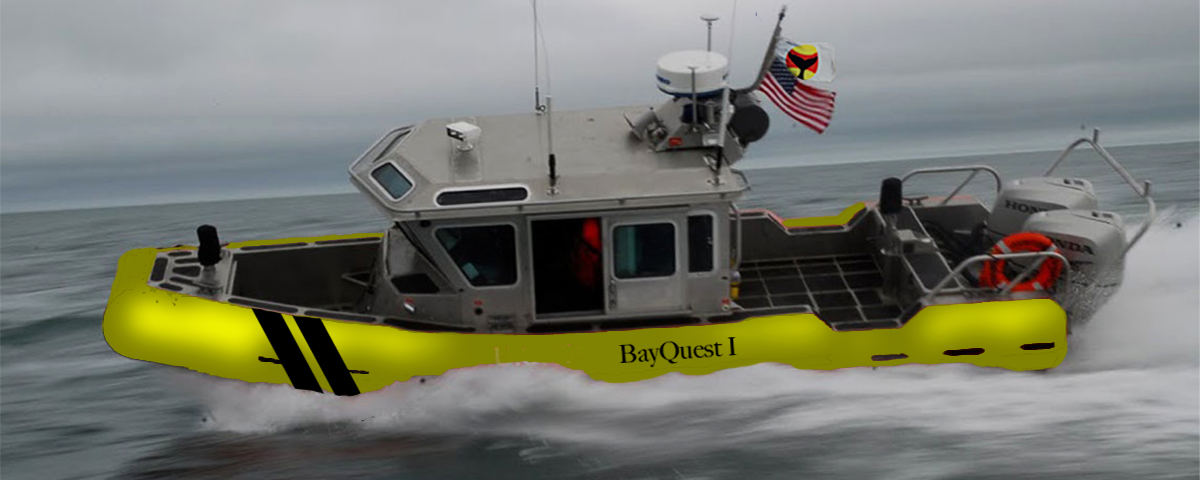 A photo mockup of the BayQuest vessel with high-visibility yellow exterior and specialized instruments onboard.