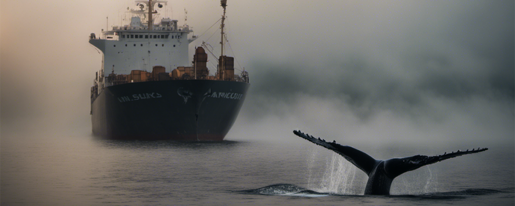 An AI-generated photo illustration of a humpback tail in the foreground and in the background, an ominous ship emerging from the fog.