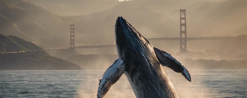 An AI-generated photo illustration of a humpback whale leaping in front of San Francisco's Golden Gate Bridge as a warm golden light illuminates the scene.