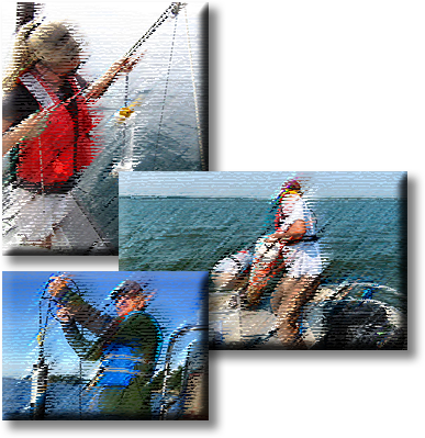 A collage of photos of people taking water samples off the edge of a boat.